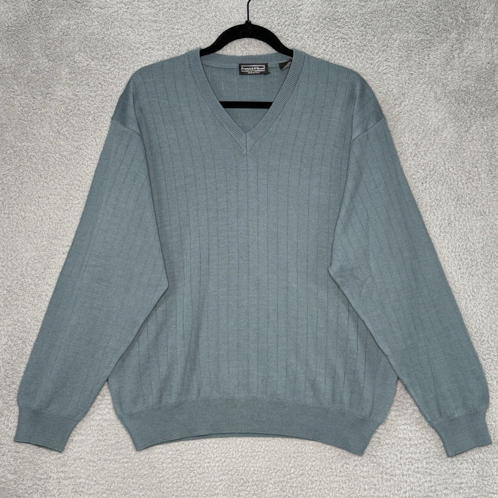 Preswick & Moore Mens Large V-Neck Sweater Merino Wool Blend Made in Italy‎ Blue